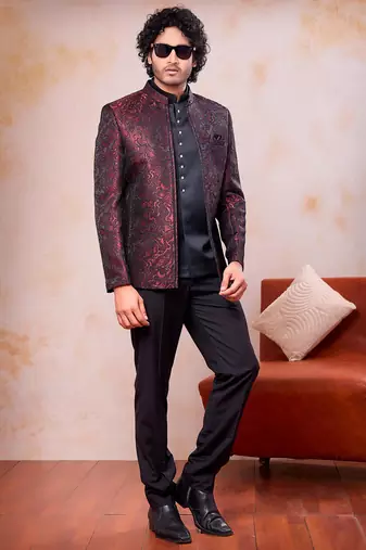 Wine & black imported jacquard fabric 3 piece jacket jodhpuri for men