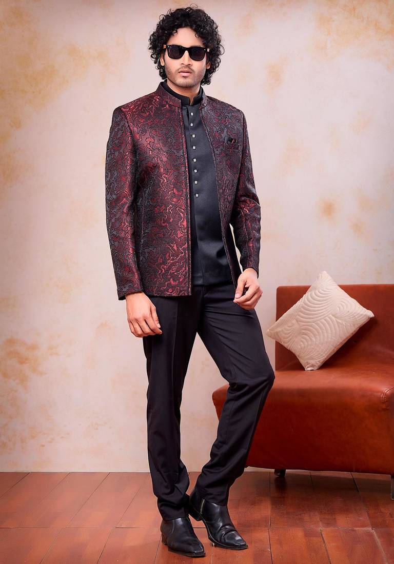 Wine & black imported jacquard fabric 3 piece jacket jodhpuri for men