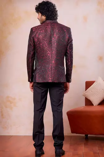 Wine & black imported jacquard fabric 3 piece jacket jodhpuri for men