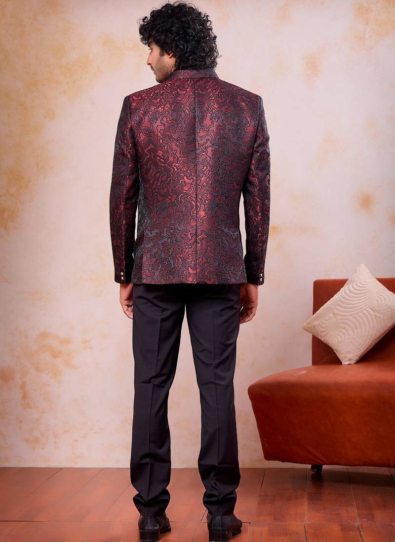 Wine & black imported jacquard fabric 3 piece jacket jodhpuri for men