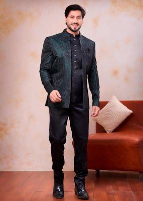 Green  & black imported jacquard fabric 3 piece jacket jodhpuri for men 1