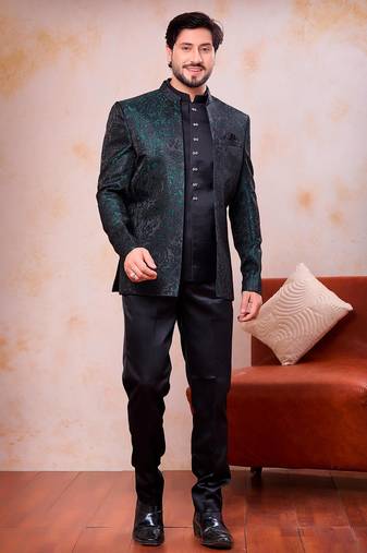 Green  & black imported jacquard fabric 3 piece jacket jodhpuri for men