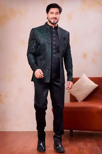 Green  & black imported jacquard fabric 3 piece jacket jodhpuri for men