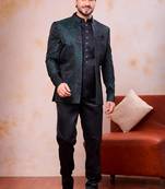 Green  & black imported jacquard fabric 3 piece jacket jodhpuri for men