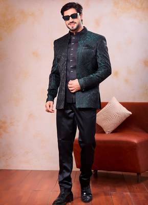 Green  & black imported jacquard fabric 3 piece jacket jodhpuri for men 2