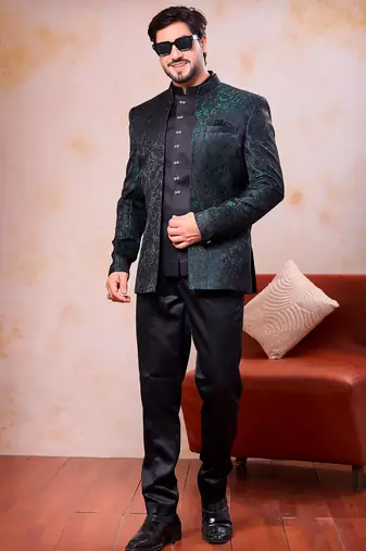 Green  & black imported jacquard fabric 3 piece jacket jodhpuri for men