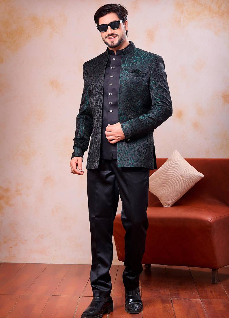 Green  & black imported jacquard fabric 3 piece jacket jodhpuri for men