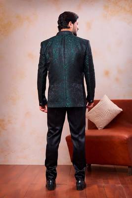 Green  & black imported jacquard fabric 3 piece jacket jodhpuri for men 3