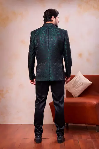 Green  & black imported jacquard fabric 3 piece jacket jodhpuri for men