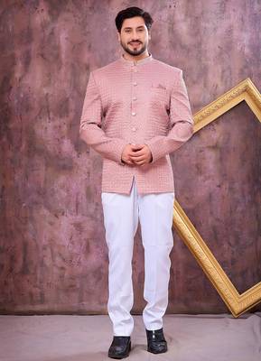 Pink computer thread work on art silk jodhpuri for men 1