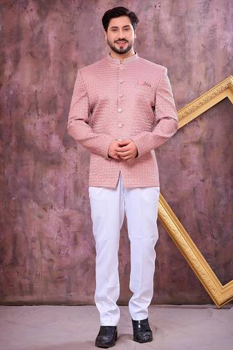Pink computer thread work on art silk jodhpuri for men