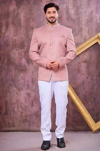 Pink computer thread work on art silk jodhpuri for men