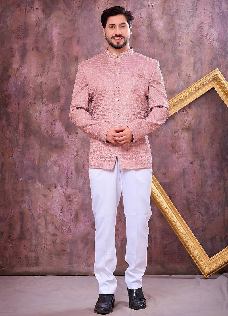 Pink computer thread work on art silk jodhpuri for men