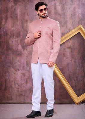 Pink computer thread work on art silk jodhpuri for men 2