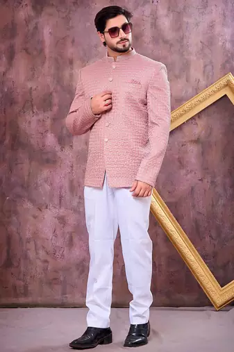 Pink computer thread work on art silk jodhpuri for men