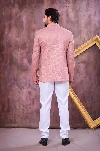 Pink computer thread work on art silk jodhpuri for men