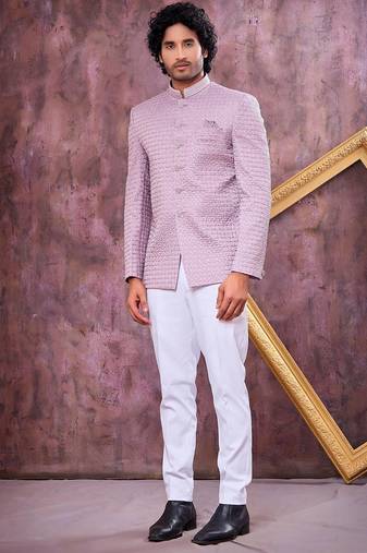 Purple computer thread work on art silk jodhpuri for men