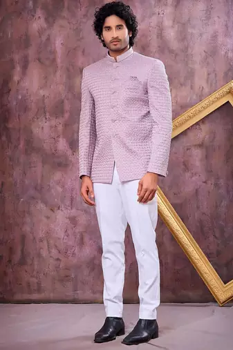 Purple computer thread work on art silk jodhpuri for men