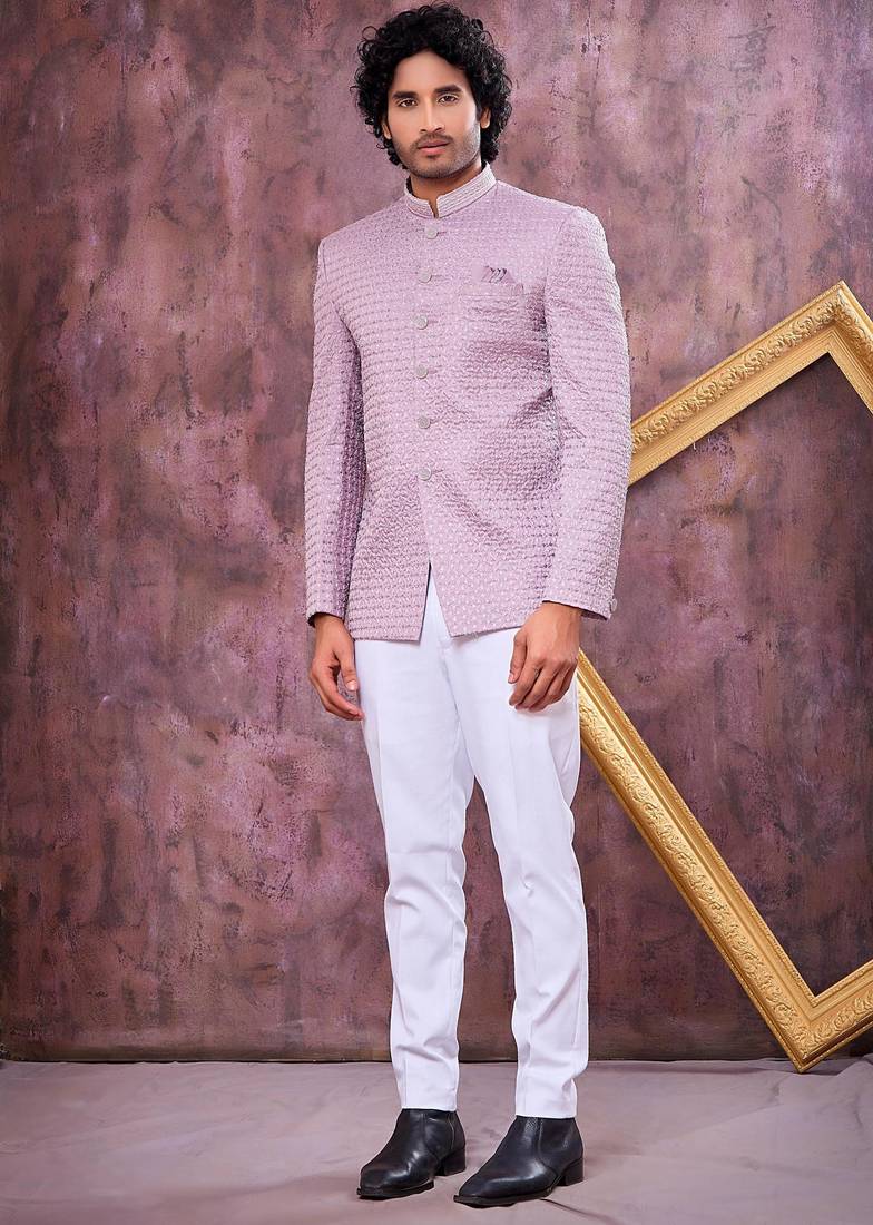 Purple computer thread work on art silk jodhpuri for men