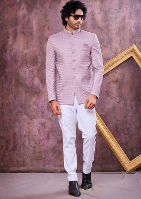 Purple computer thread work on art silk jodhpuri for men 2