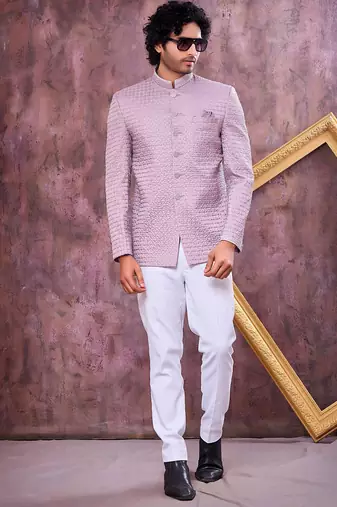 Purple computer thread work on art silk jodhpuri for men