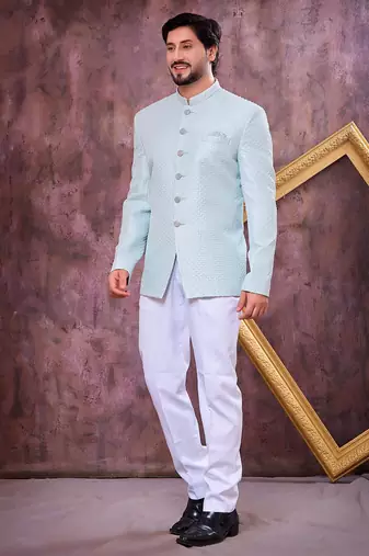 Blue computer thread work on art silk jodhpuri for men
