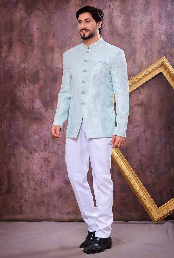 Blue computer thread work on art silk jodhpuri for men