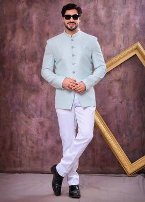 Blue computer thread work on art silk jodhpuri for men 2
