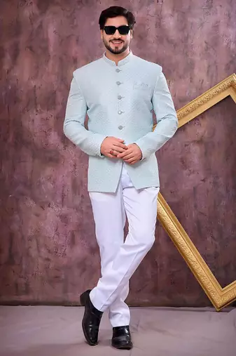 Blue computer thread work on art silk jodhpuri for men
