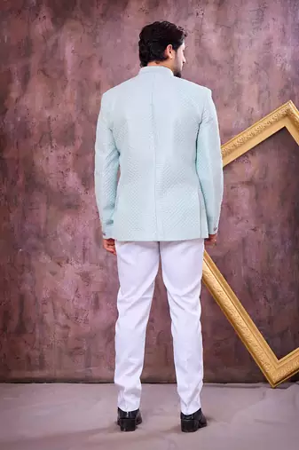 Blue computer thread work on art silk jodhpuri for men