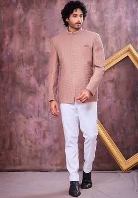 Brown computer thread work on art silk jodhpuri for men 1