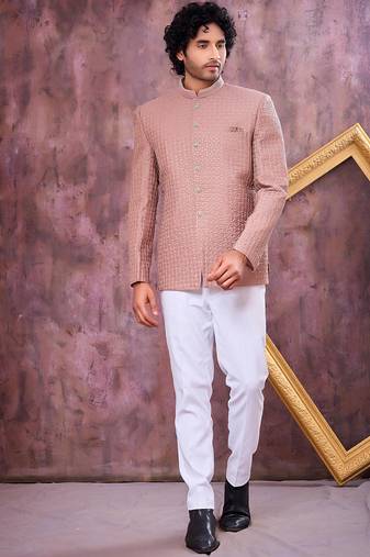 Brown computer thread work on art silk jodhpuri for men