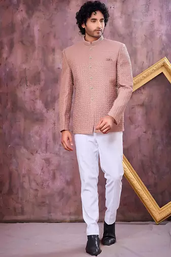 Brown computer thread work on art silk jodhpuri for men