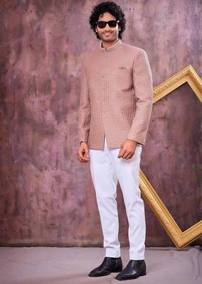 Brown computer thread work on art silk jodhpuri for men 2