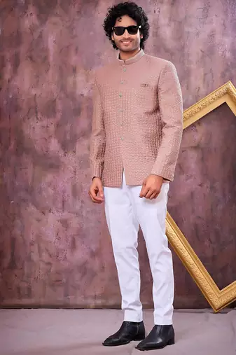 Brown computer thread work on art silk jodhpuri for men