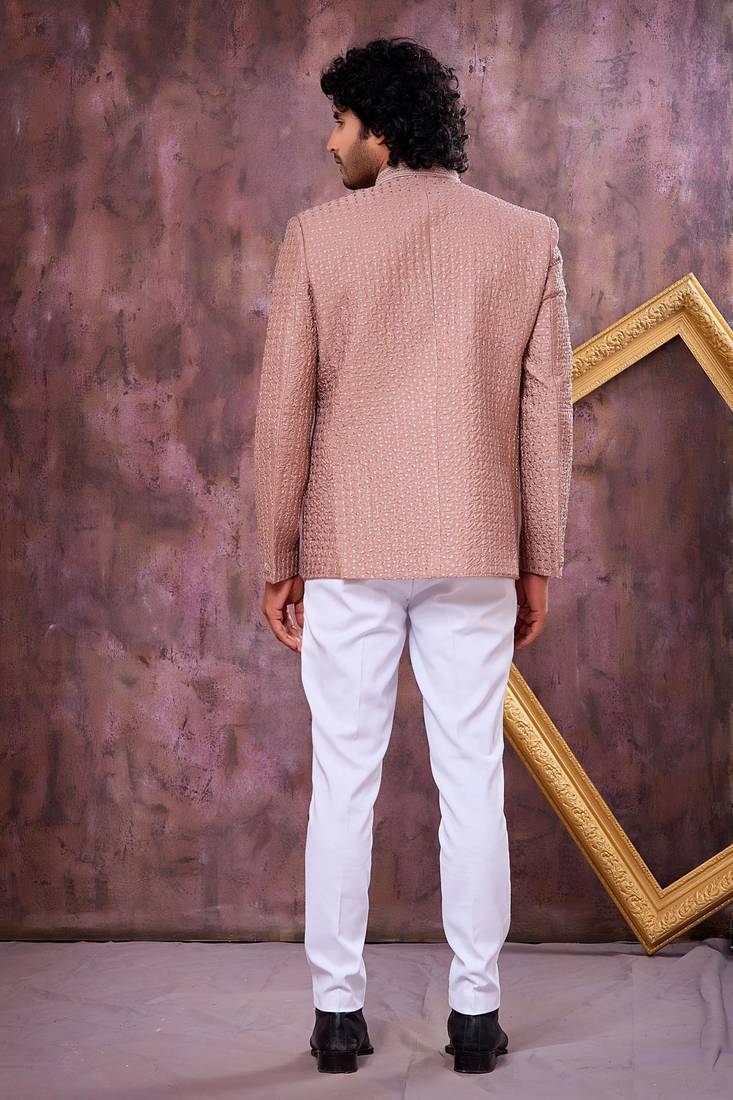 Brown computer thread work on art silk jodhpuri for men