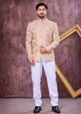 Beige imported plain fabric jodhpuri for men 1