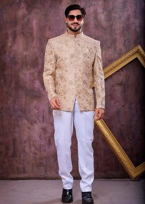 Beige imported plain fabric jodhpuri for men 2
