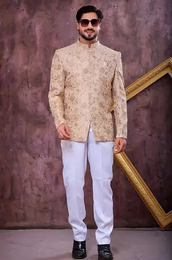 Beige imported plain fabric jodhpuri for men