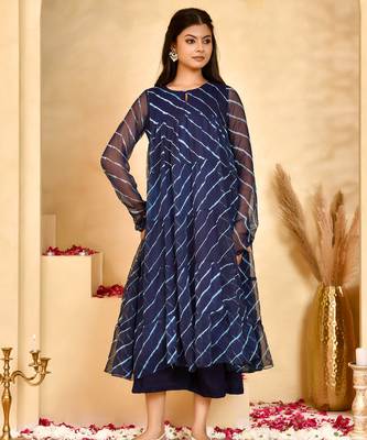Women's neel leheriya chiffon anarkali set with dupatta 1