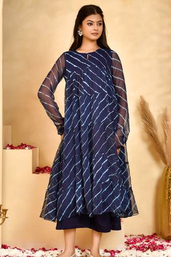 Women's neel leheriya chiffon anarkali set with dupatta