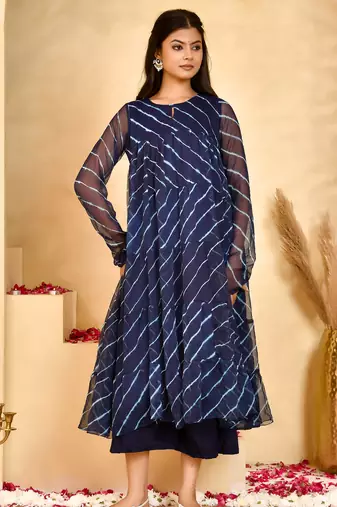 Women's neel leheriya chiffon anarkali set with dupatta