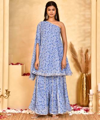 Women's neel blue floral sharara set with dupatta 1