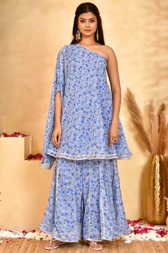 Women's neel blue floral sharara set with dupatta