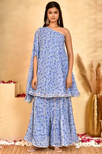 Women's neel blue floral sharara set with dupatta