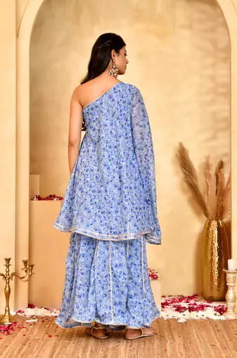 Women's neel blue floral sharara set with dupatta