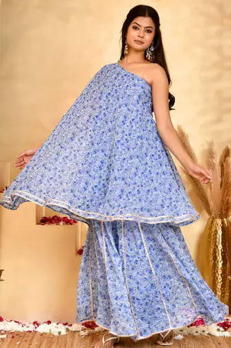 Women's neel blue floral sharara set with dupatta