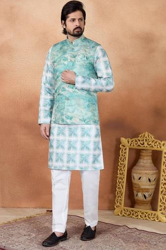 Green jacquard 3 peice  kurta jacket set for men