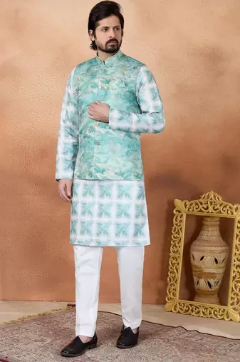 Green jacquard 3 peice  kurta jacket set for men