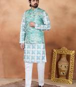 Green jacquard 3 peice  kurta jacket set for men